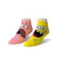 Pair of ankle socks: one pink with Patrick Star's surprised face, one yellow with Spongebob's grinning face.