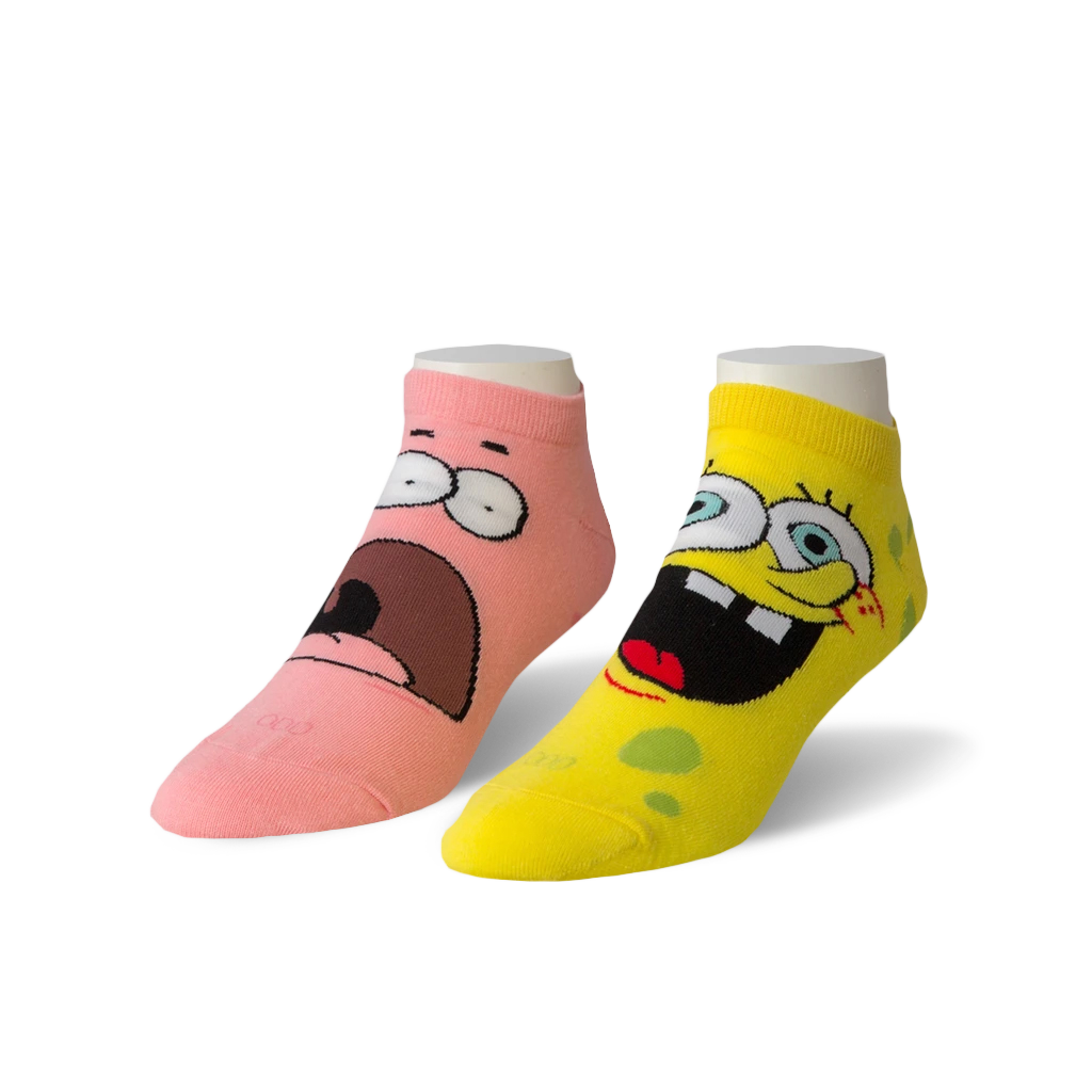 Pair of ankle socks: one pink with Patrick Star's surprised face, one yellow with Spongebob's grinning face.