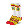 Pair of white crew socks. Yellow and red design features cartoon chicken legs and the 'Los Pollos Hermanos' logo.