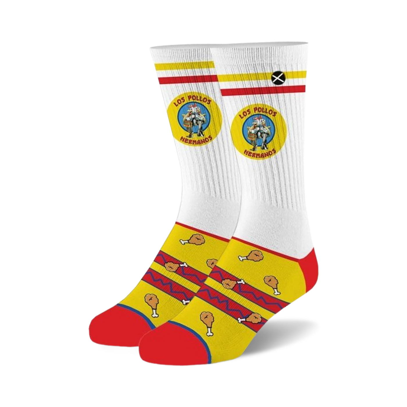 Pair of white crew socks. Yellow and red design features cartoon chicken legs and the 'Los Pollos Hermanos' logo.