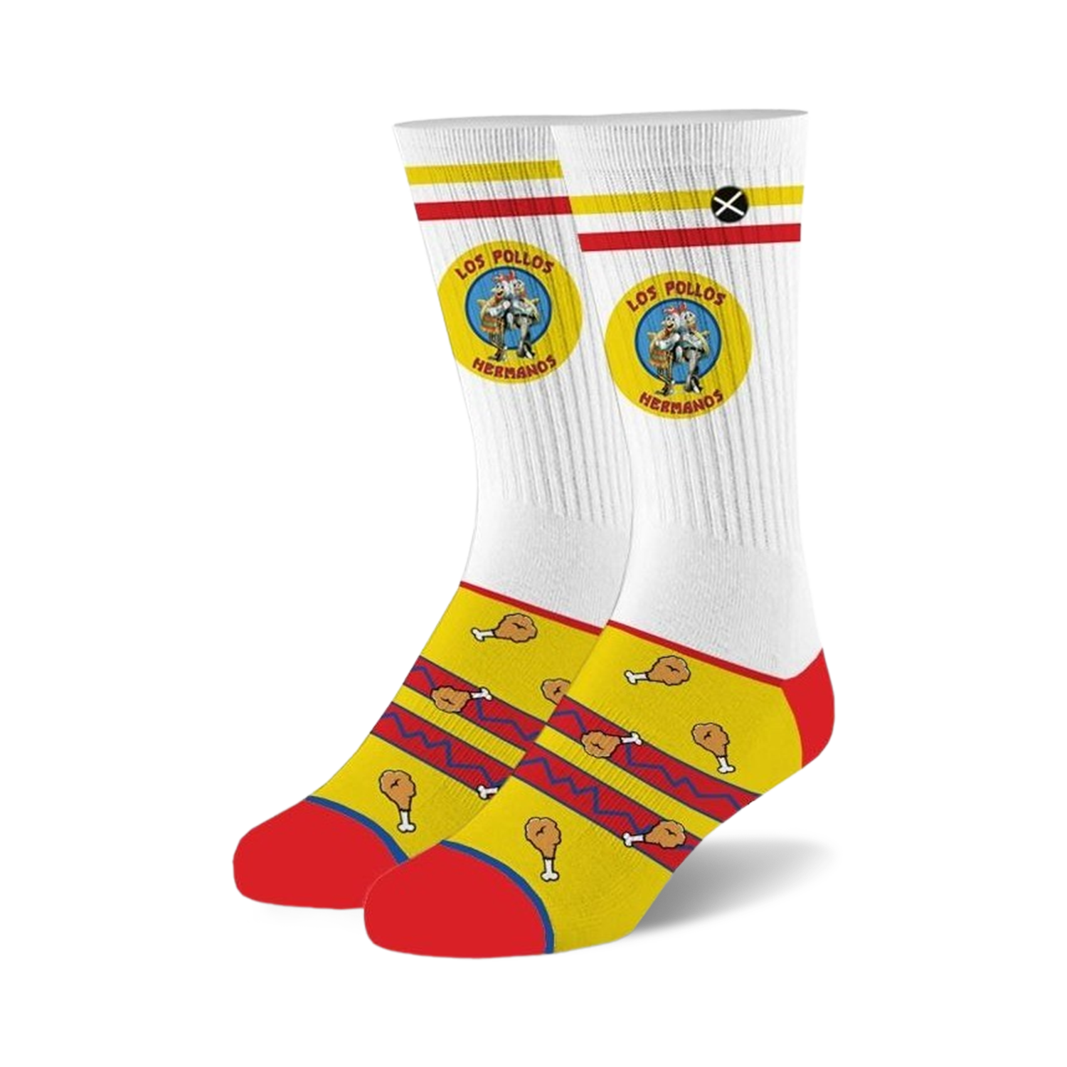 Pair of white crew socks. Yellow and red design features cartoon chicken legs and the 'Los Pollos Hermanos' logo.