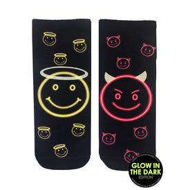 naughty or nice? glow emoji themed womens black novelty ankle socks