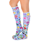 Glam Girl knee-high socks shown on a model's legs. The socks feature a light blue background with a playful, colorful design. [lf]
