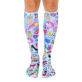 Knee-high socks, light blue background, colorful girly design with unicorns, pineapples, and other fun doodles. [lf]