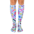Knee-high socks, light blue background, colorful girly design with unicorns, pineapples, and other fun doodles. [lf]