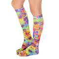 Pair of Tie Dye Pop Art knee-high socks shown from the side on a white background. [lf]