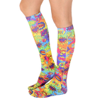 Pair of Tie Dye Pop Art knee-high socks shown from the side on a white background. [lf]