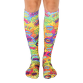 Knee-high socks in a tie-dye pattern of bright yellow, pink, and blue.  Comic book-style words like 'POW!' and 'BAM!' are printed throughout. [lf]