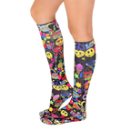 Side view of the Girls Rule knee-high socks showing the full print and fit on a model's legs. [lf]