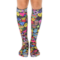 Knee-high socks in black with a colorful all-over print of smiley faces, peace signs, and other fun 90s-style graphics. [lf]