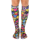Knee-high socks in black with a colorful all-over print of smiley faces, peace signs, and other fun 90s-style graphics. [lf]