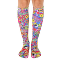 Knee-high socks in pink, yellow, and other bright colors. Features a fun, collage-style design of NYC imagery like smiley faces, pizza, and traffic lights. [lf]