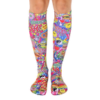 Knee-high socks in pink, yellow, and other bright colors. Features a fun, collage-style design of NYC imagery like smiley faces, pizza, and traffic lights. [lf]