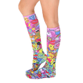 Back view of the knee-high socks, showing the full design. The pink base is covered in colorful graphics. [lf]