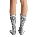 Back view of Dia socks showcasing the full sugar skull design. [lf]