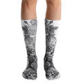 A pair of white crew socks with a gray sugar skull and rose design. The skulls have floral details. [lf]