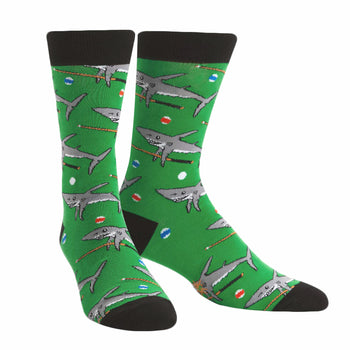 Crew socks in bright green, featuring a playful pattern of gray sharks on pool cues above billiard balls.  Black cuffs and toes.