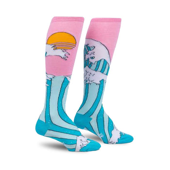 the wave the wave themed womens pink novelty knee high socks