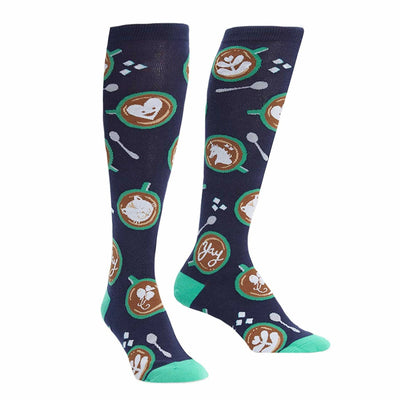 barista artista coffee themed womens blue novelty knee high socks