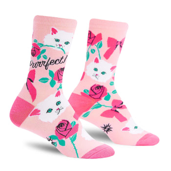 Crew socks in light pink featuring white cats, pink roses, pink bows, and the text 'Purrfect!'