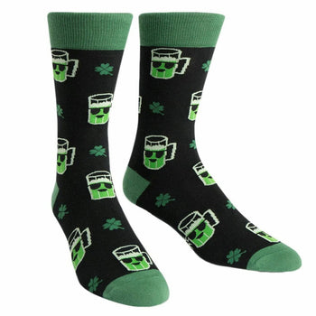 Crew socks, black with green beer mug and shamrock pattern, green cuffs.