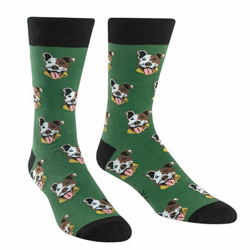 Green crew socks with a repeating pattern of brown and white Pitbull faces. Black cuff.