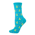 A teal crew sock with a repeating pattern of cute cartoon frogs wearing crowns and pink hearts. [lf]
