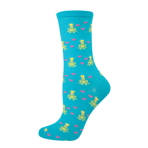 A teal crew sock with a repeating pattern of cute cartoon frogs wearing crowns and pink hearts. [lf]