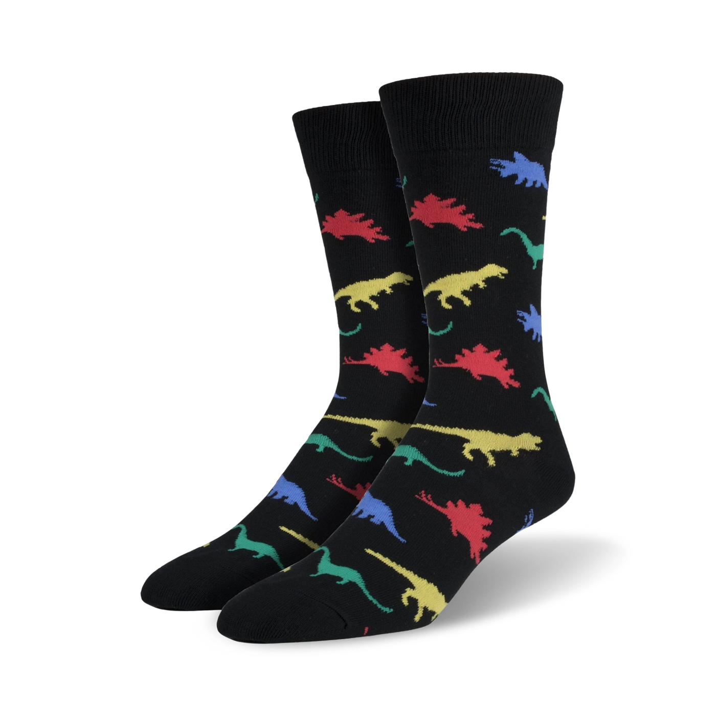 A pair of black crew socks with a pattern of colorful dinosaurs in red, yellow, blue, and green.