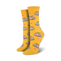 A pair of women's crew socks in mustard yellow. The socks are adorned with a pattern of illustrated pancakes, hearts, and syrup drizzles.
