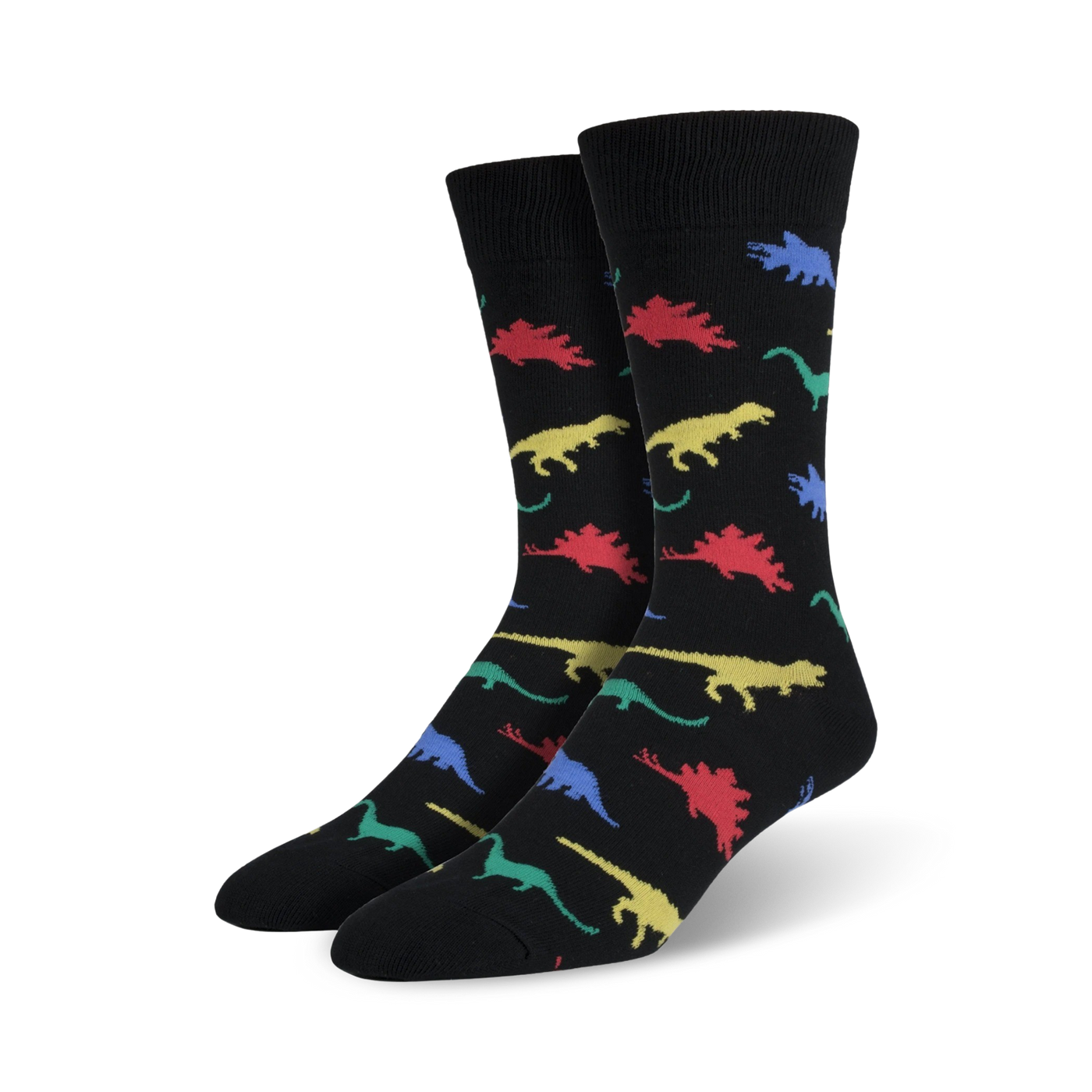 A pair of black crew socks featuring a repeating pattern of colorful dinosaurs in red, yellow, green, and blue.