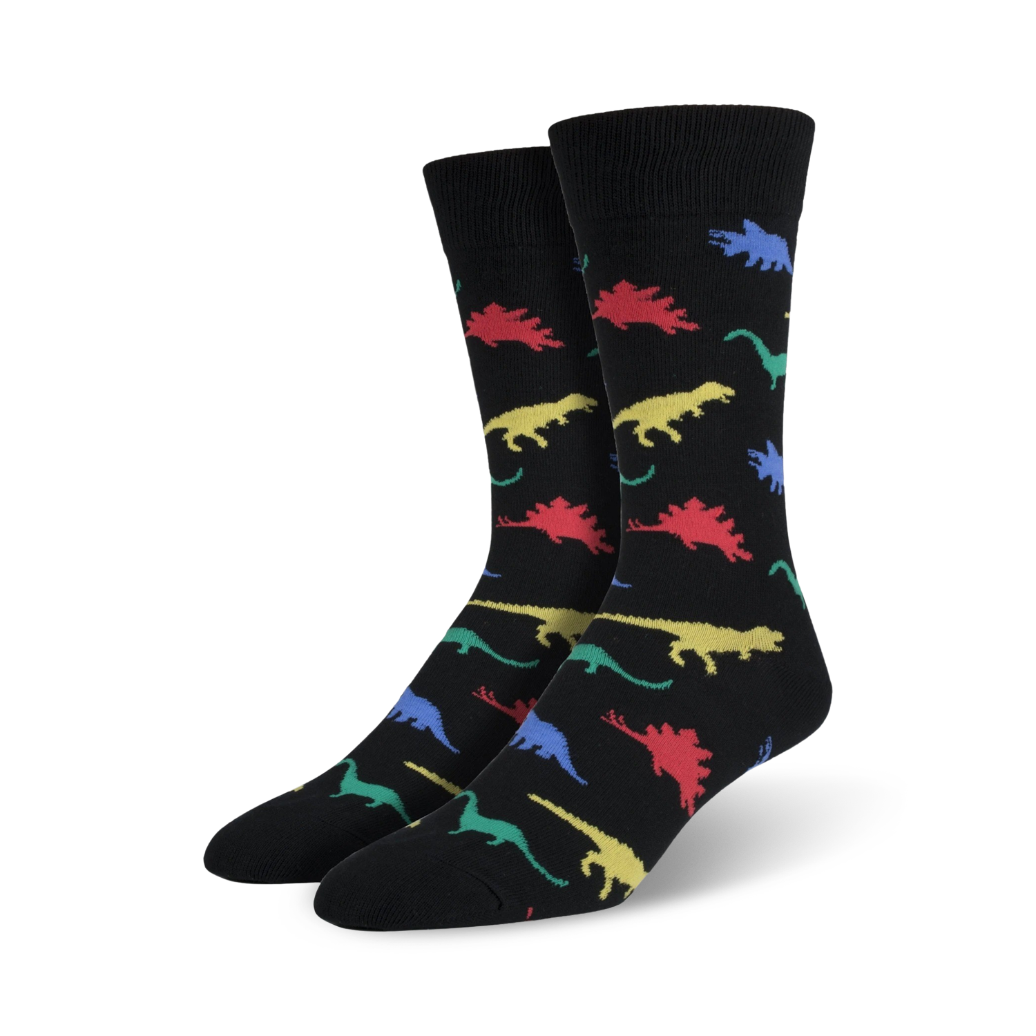 A pair of black crew socks featuring a repeating pattern of colorful dinosaurs in red, yellow, green, and blue.