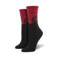 Pair of crew socks. Red top features Edgar Allan Poe, ravens, and "Nevermore." Black bottom. 