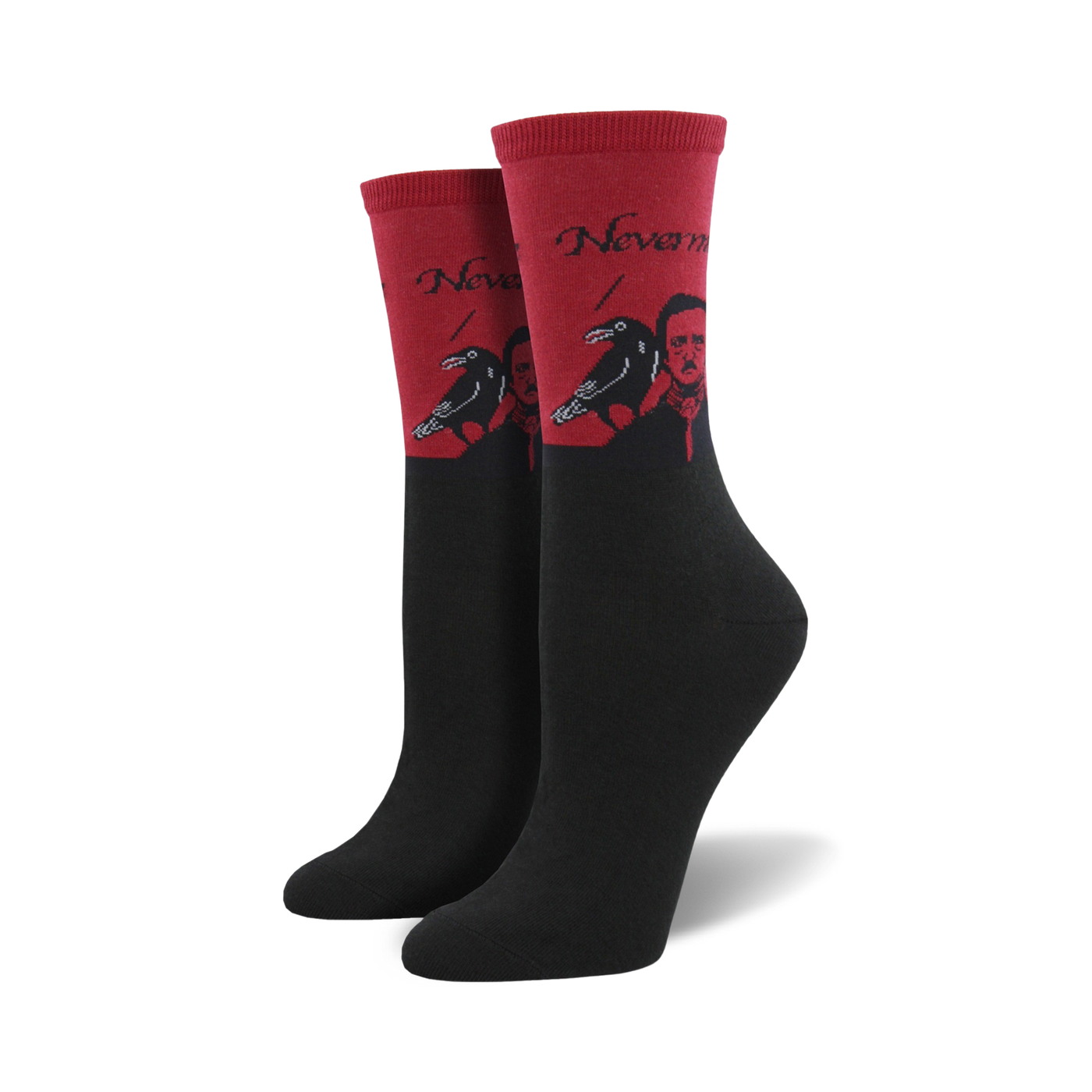 Pair of crew socks. Red top features Edgar Allan Poe, ravens, and "Nevermore." Black bottom. 