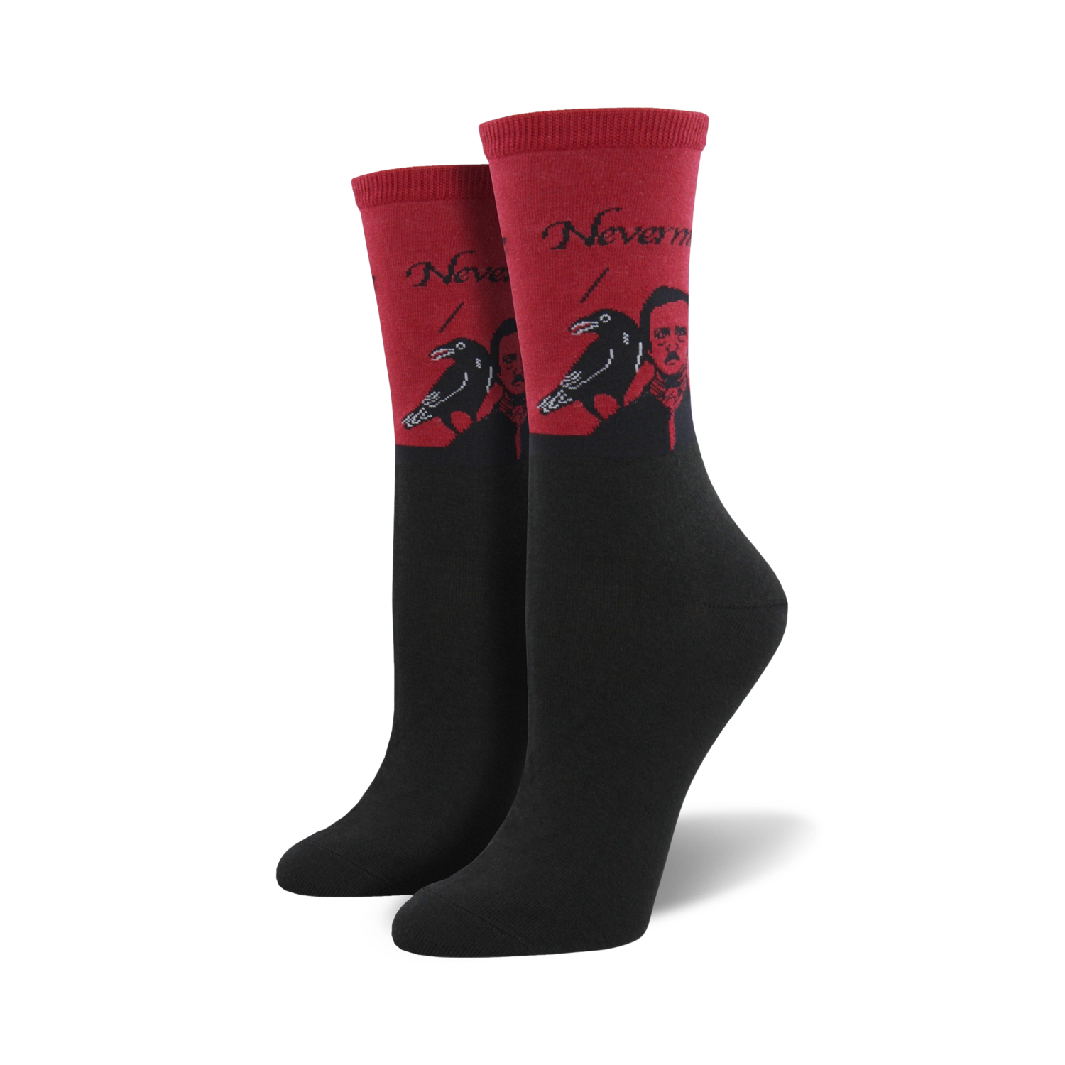 Pair of crew socks. Red top features Edgar Allan Poe, ravens, and "Nevermore." Black bottom. 
