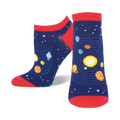 A pair of navy blue ankle socks with a red cuff. The socks feature a colorful solar system pattern with planets orbiting a yellow sun.