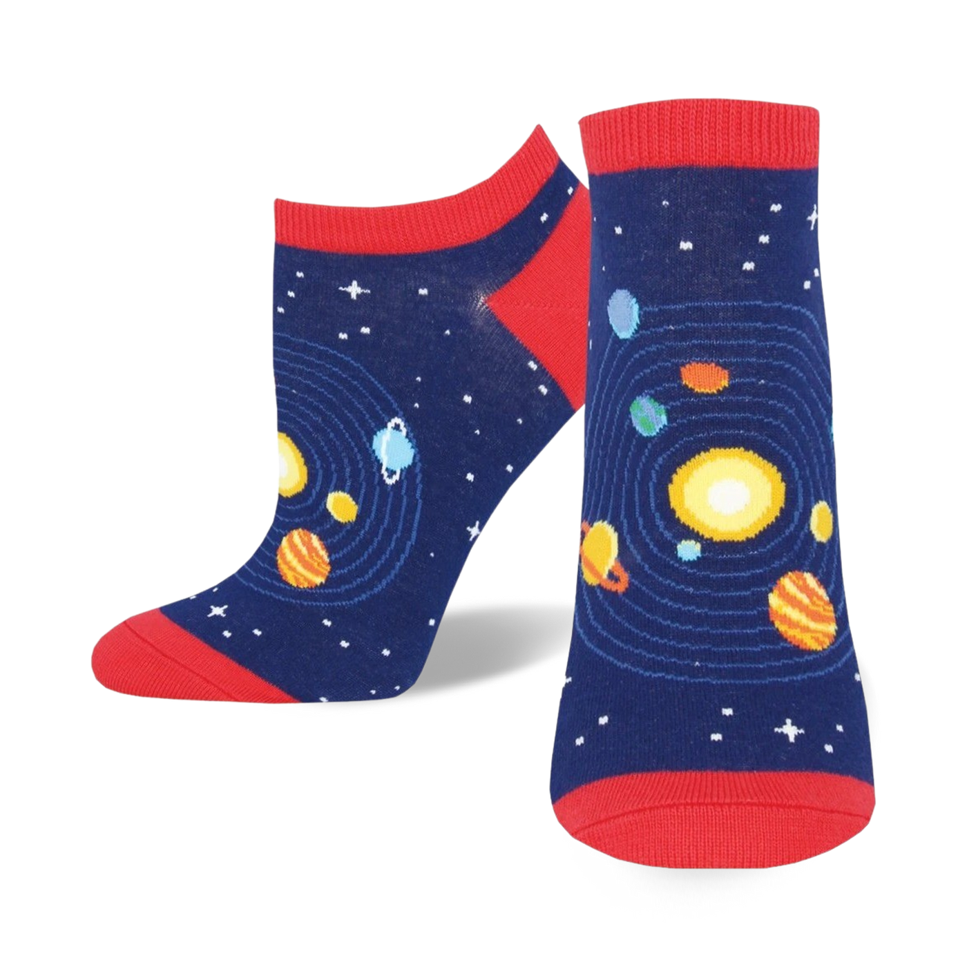 A pair of navy blue ankle socks with a red cuff. The socks feature a colorful solar system pattern with planets orbiting a yellow sun.