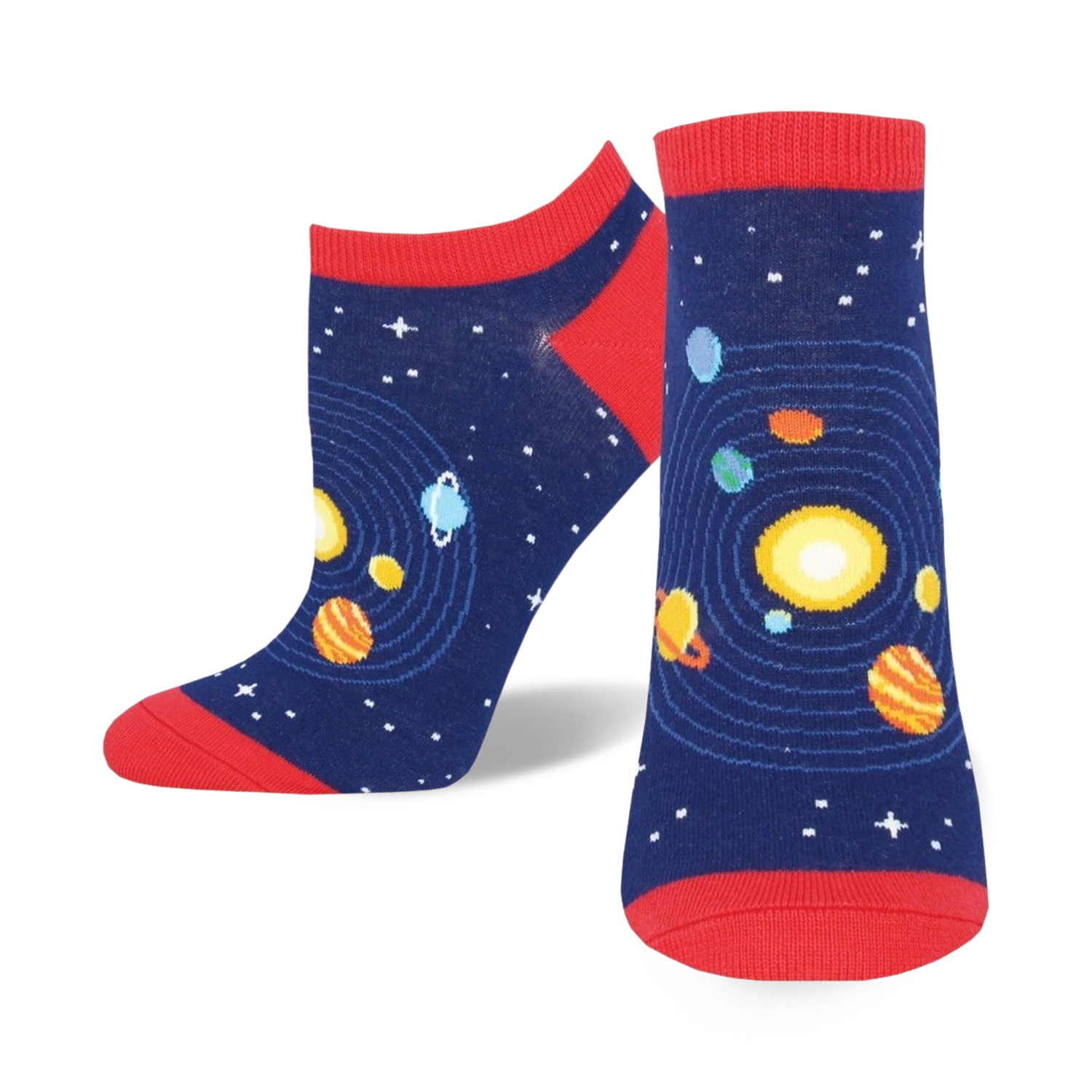 A pair of navy blue ankle socks with a red cuff. The socks feature a colorful solar system pattern with planets orbiting a yellow sun.