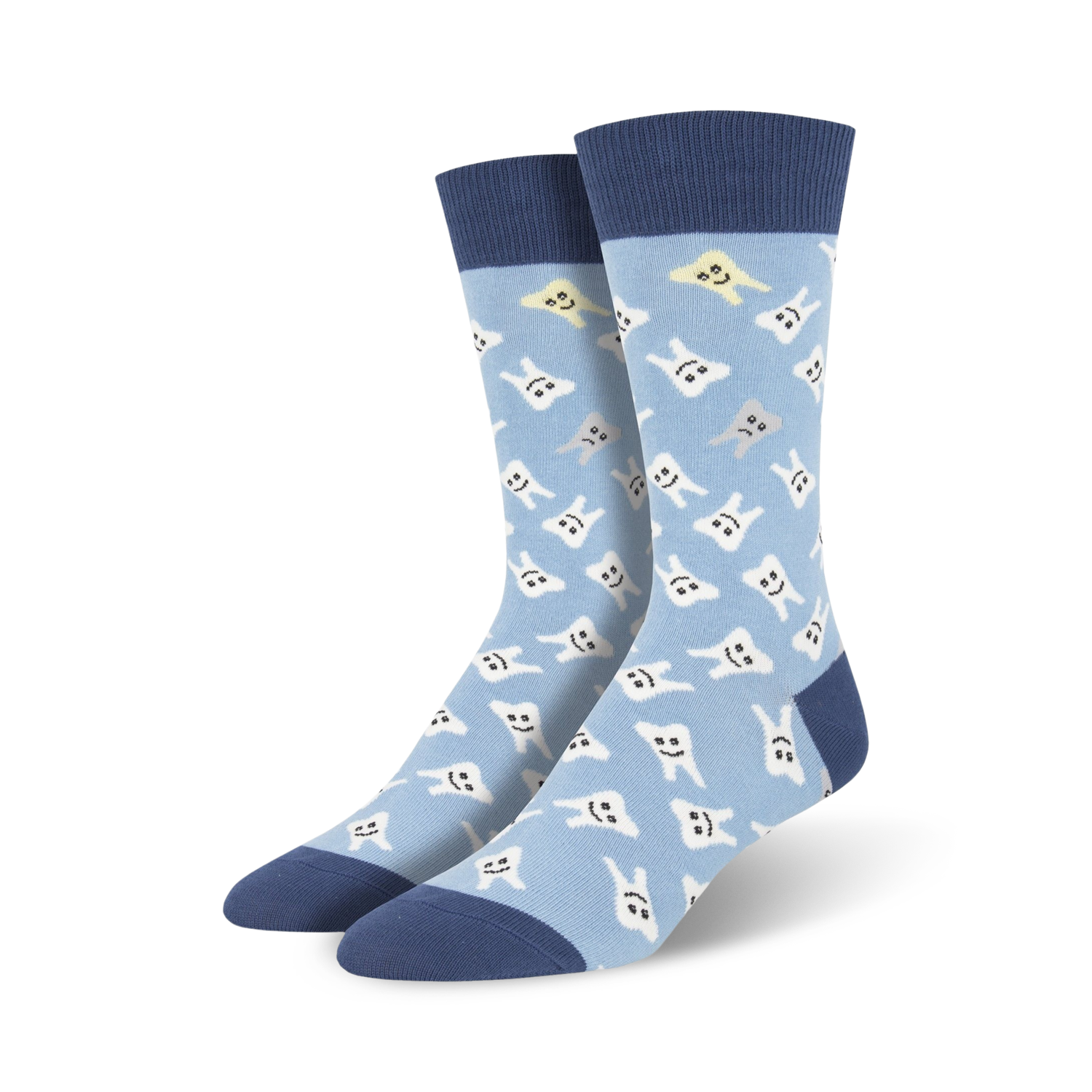 Pair of light blue crew socks with a pattern of happy and slightly unhappy white teeth. Navy blue cuffs.