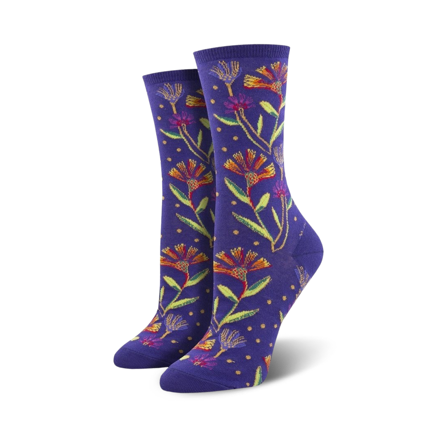Pair of women's crew socks, purple with colorful wildflowers and yellow dots.