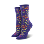 Pair of women's crew socks, purple with colorful wildflowers and yellow dots.