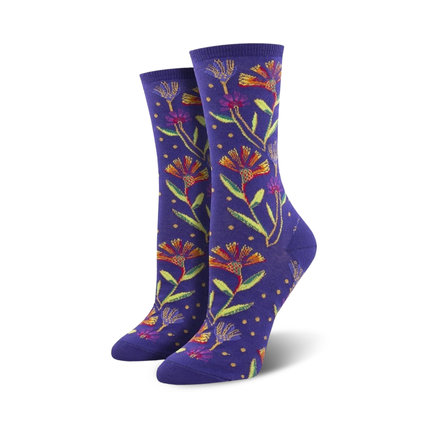 Pair of women's crew socks, purple with colorful wildflowers and yellow dots.