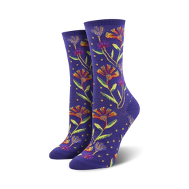 wildflowers floral themed womens purple novelty crew socks