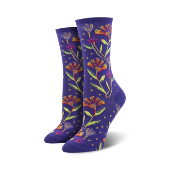 Pair of women's crew socks, purple with colorful wildflowers and yellow dots.