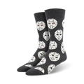 Crew socks in dark grey featuring a repeated pattern of white hockey masks with small red eye details.