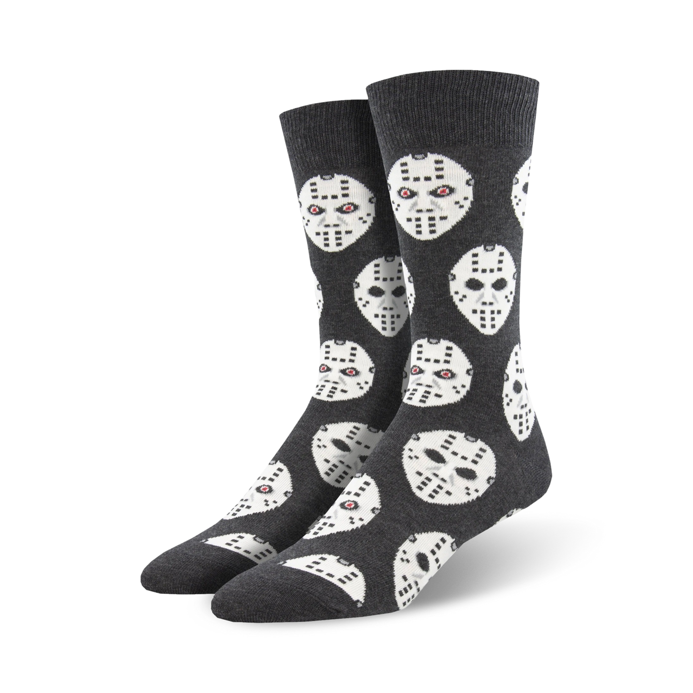 Crew socks in dark grey featuring a repeated pattern of white hockey masks with small red eye details.