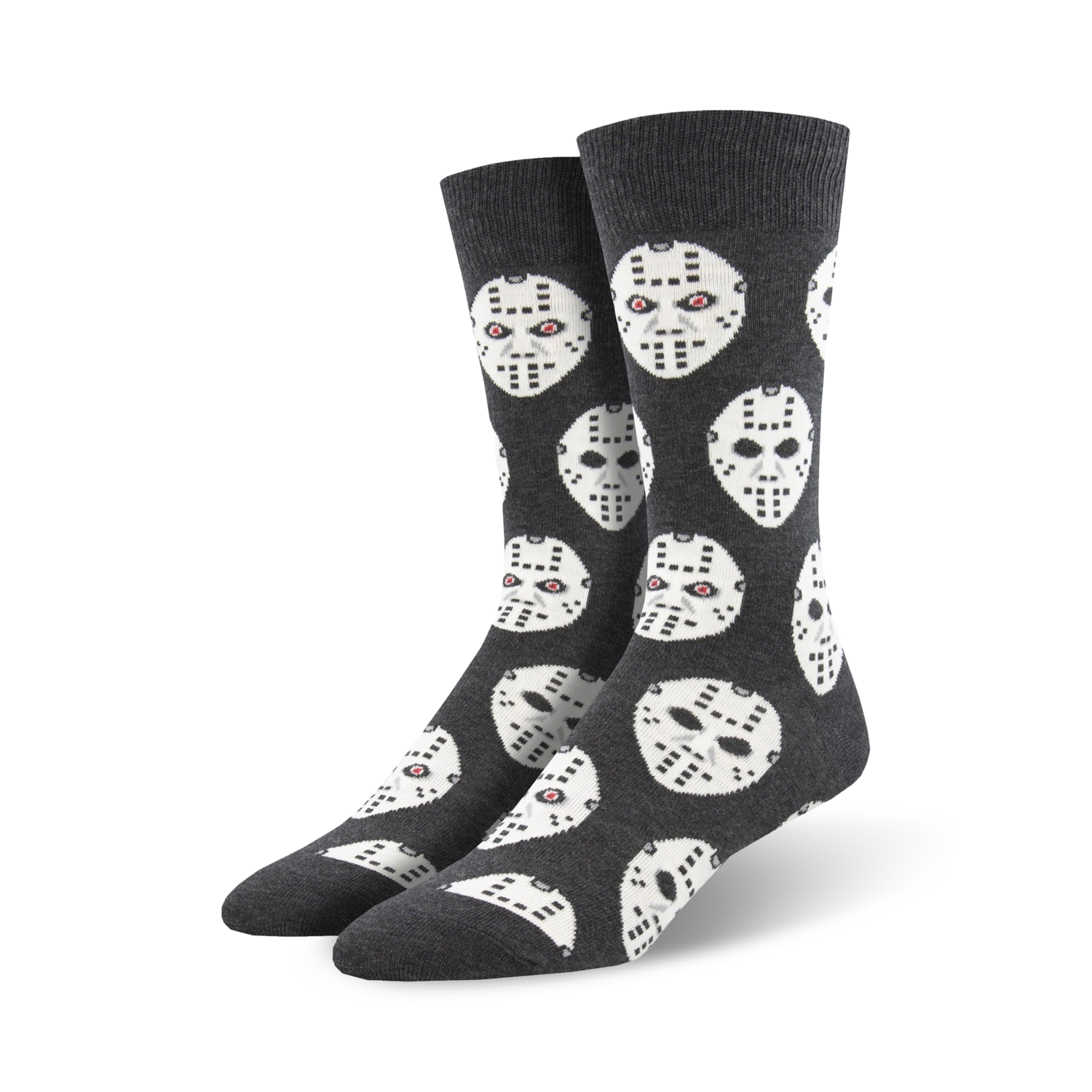 Crew socks in dark grey featuring a repeated pattern of white hockey masks with small red eye details.