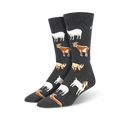 A pair of men's charcoal gray crew socks with a repeating pattern of brown and white goats.