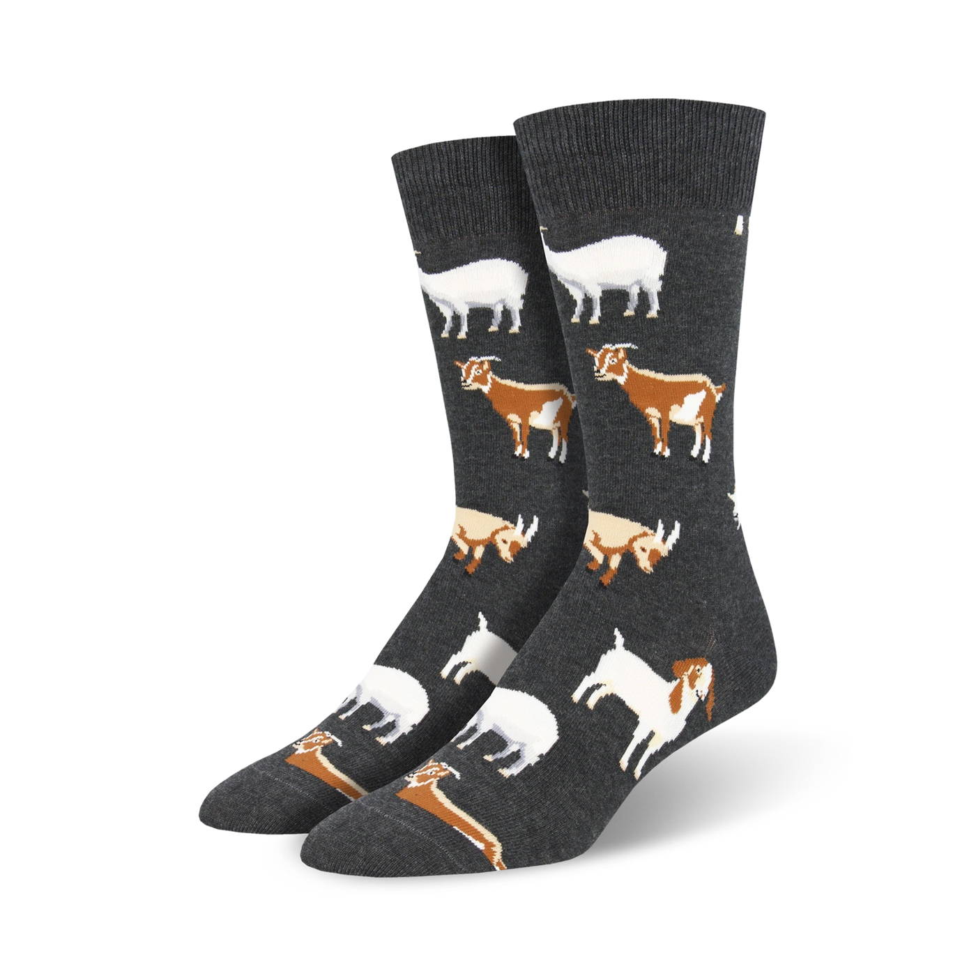 A pair of men's charcoal gray crew socks with a repeating pattern of brown and white goats.