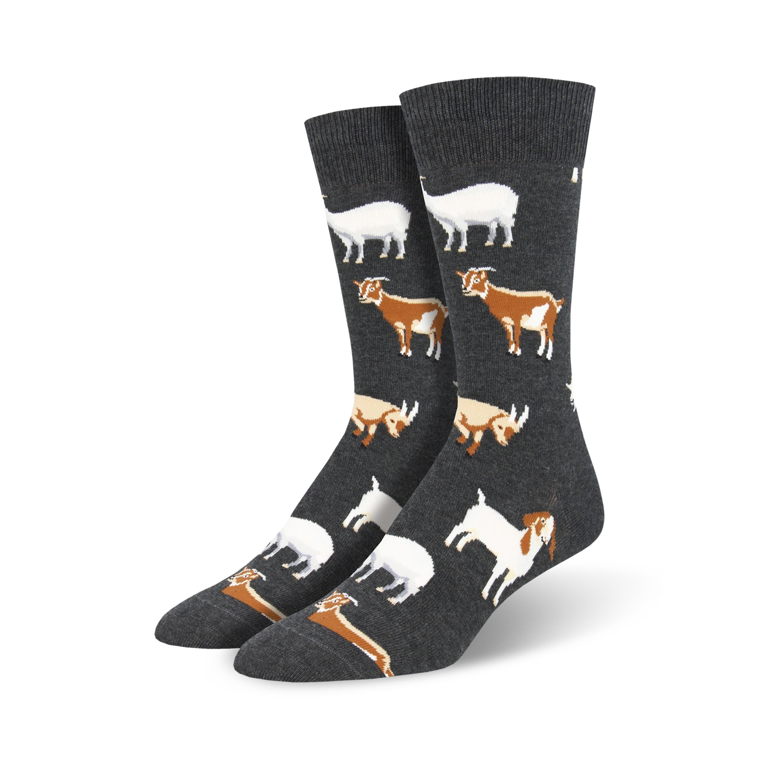 A pair of men's charcoal gray crew socks with a repeating pattern of brown and white goats.